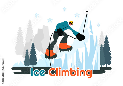 Ice Climbing Vector Illustration featuring a Climber Scaling an Ice Wall using Axes and Wearing Crampons with a Scenic Mountain backdrop Background
