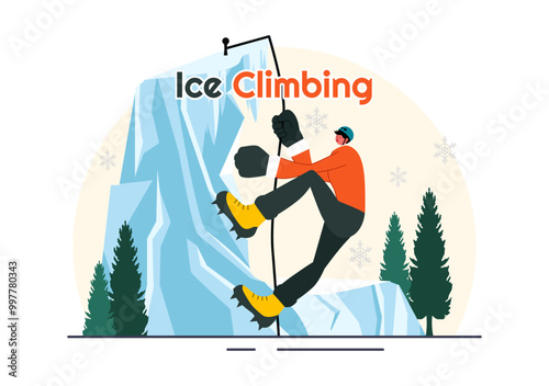 Ice Climbing Vector Illustration featuring a Climber Scaling an Ice Wall using Axes and Wearing Crampons with a Scenic Mountain backdrop Background