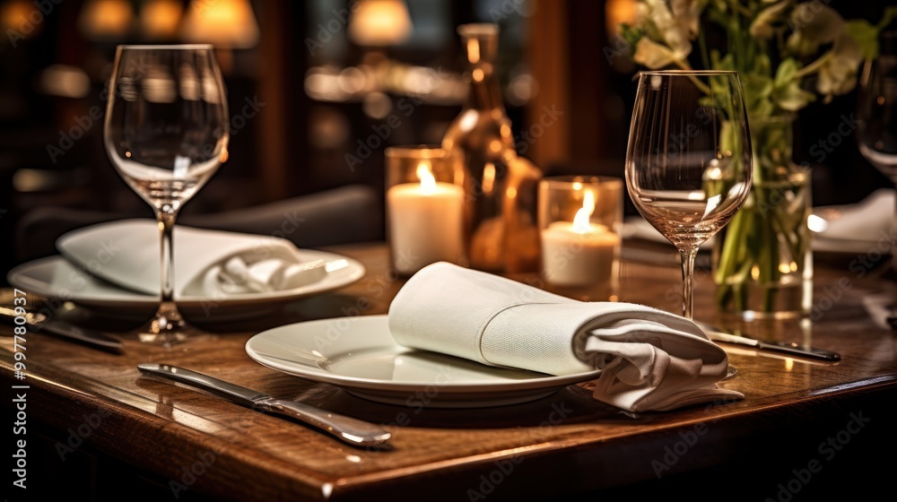 Elegant Dinner Table Setting with Wine Glasses and Candles Elegant Dinner Table Setting with Wine Glasses and Candles