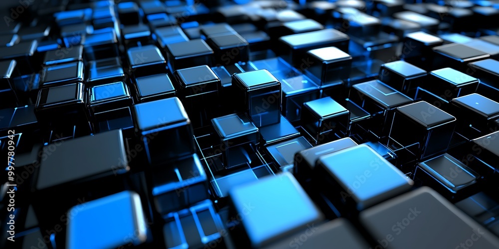 Fototapeta premium Abstract 3D cubes in black and blue tones.