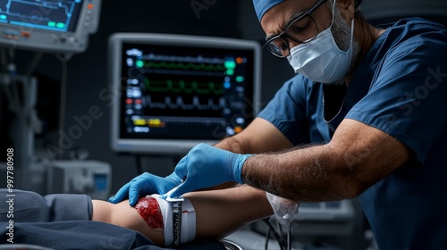 Focused Concentration: A skilled surgeon, clad in scrubs and protective gear, meticulously prepares a patient for surgery in a dimly lit operating room. photo