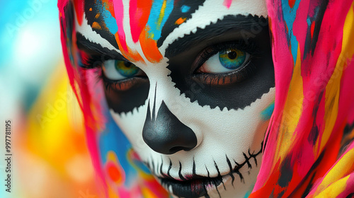 Close-up of a woman wearing a skull makeup and a colorful scarf.