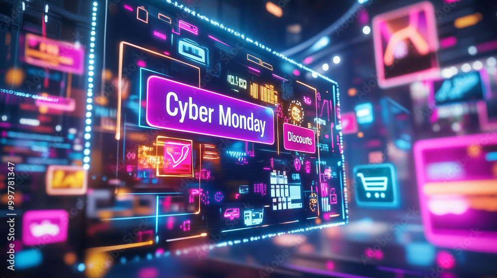 Neon Cyber Monday signs in digital shopping space, online sales and e-commerce deals Neon Cyber Monday signs in digital shopping space, online sales and e-commerce deals