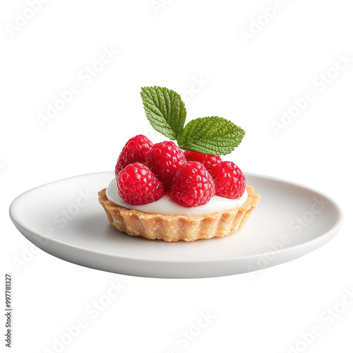 Raspberry tart on a white plate, isolated, showcasing its elegant, appetizing presentation. cutout PNG