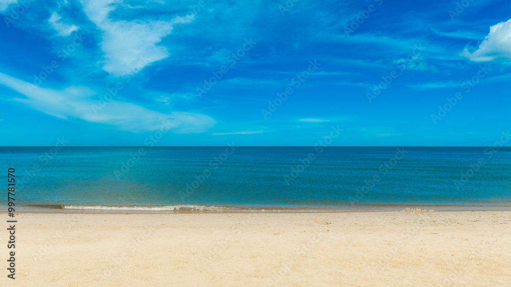 Nature of the beach and sea Summer with sunshine, sandy beaches, clear blue waters sparkling against the blue sky. On an island with good ecology and environment Background for summer vacation concept Nature of the beach and sea Summer with sunshine, sandy beaches, clear blue waters sparkling against the blue sky. On an island with good ecology and environment Background for summer vacation concept
