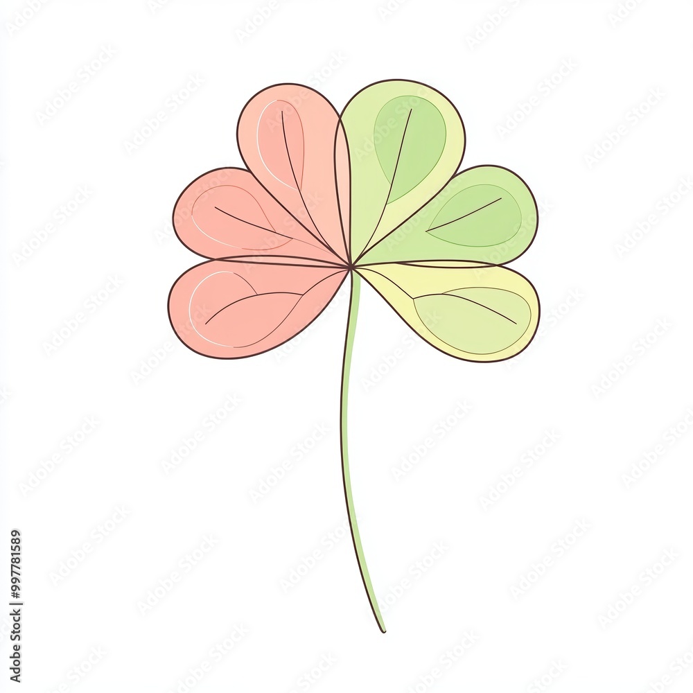 illustration showcases a simplistic yet striking line drawing of a four-leaf clover, colored in soft pastels against a clean white background, symbolizing luck illustration showcases a simplistic yet striking line drawing of a four-leaf clover, colored in soft pastels against a clean white background, symbolizing luck