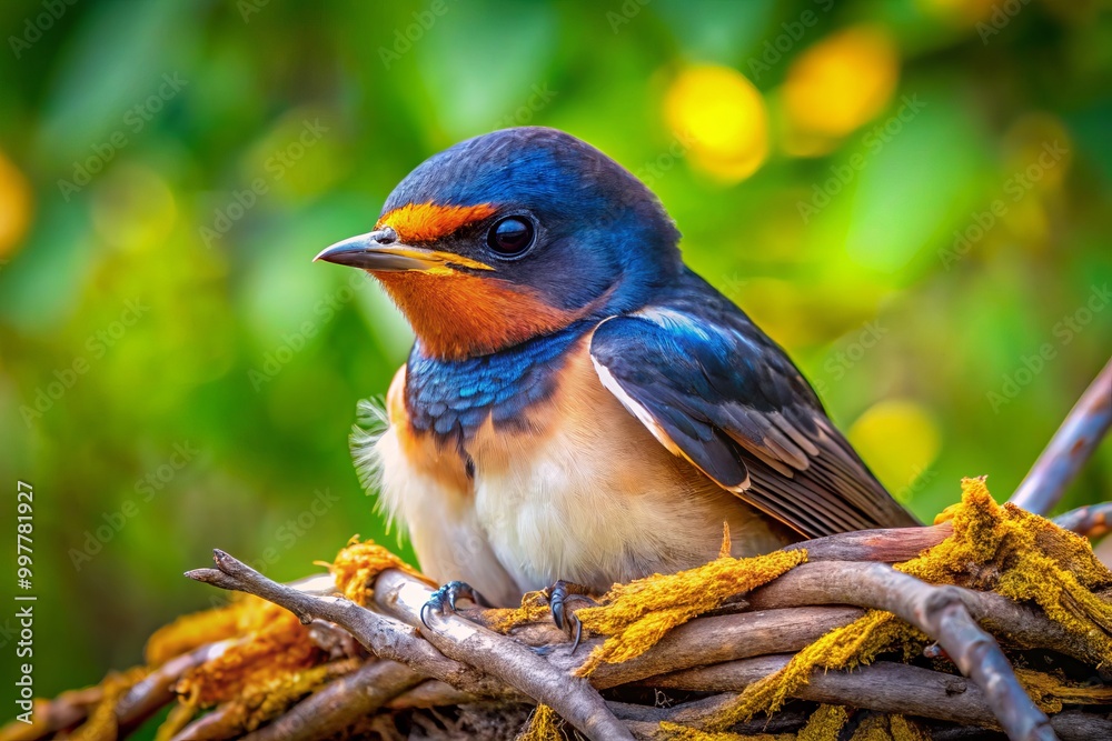 Obraz premium A charming baby swallow nestling rests on a branch, showcasing its soft feathers in a picturesque natural habitat,