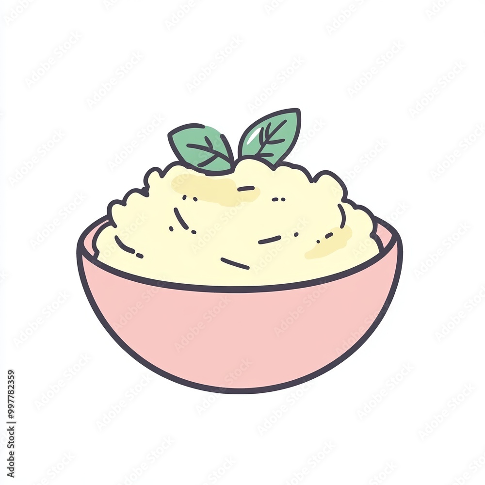 illustration features a bowl of creamy mashed potatoes topped with fresh green leaves, showcasing a flat design style in soft pastel colors against a white background illustration features a bowl of creamy mashed potatoes topped with fresh green leaves, showcasing a flat design style in soft pastel colors against a white background