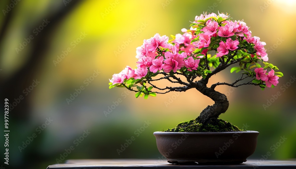 A stunning bonsai tree adorned with vibrant pink flowers, showcasing intricate details. A stunning bonsai tree adorned with vibrant pink flowers, showcasing intricate details.