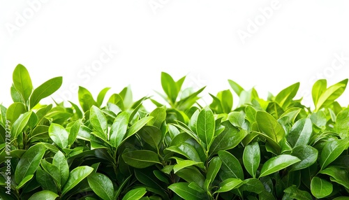 Lush green leaves of a hedge against a bright white background.