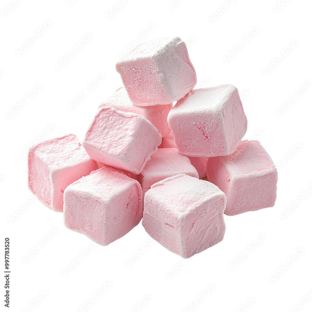 Strawberry marshmallows isolated on a white background, highlighting their pink color and fluffy texture. cutout PNG