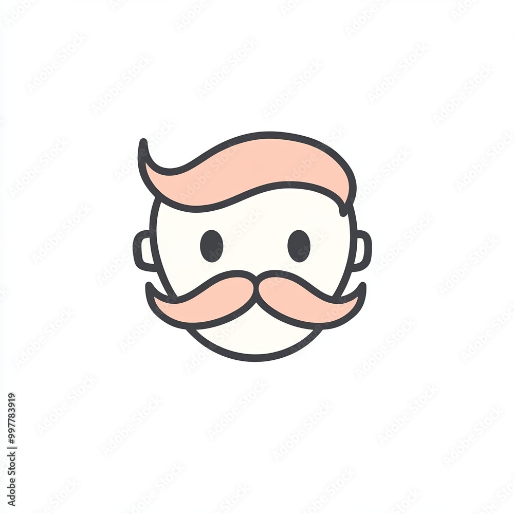 illustration features a character's face with a prominent mustache, in a flat design style with pastel tones on a simple white background