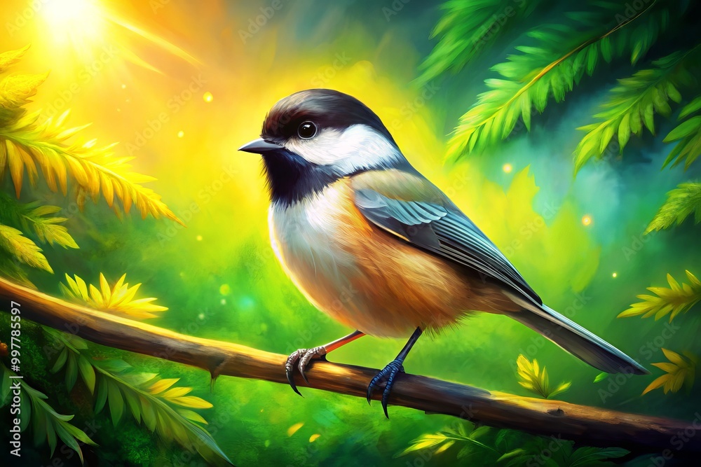 Obraz premium A delightful chickadee rests gracefully on a branch, surrounded by a vibrant green forest, basking in the warmth