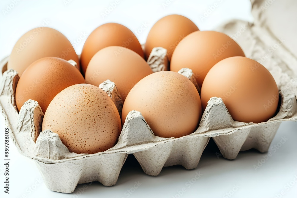 Fresh brown eggs in a cardboard carton on white background