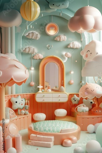 Cute Cartoon Room with Clouds and Stars