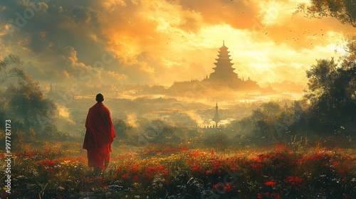 A serene landscape with a monk and a distant temple at sunset.