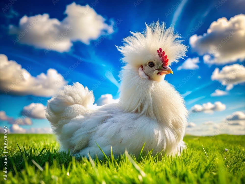 Fototapeta premium A fluffy white Silkie chicken enjoys a peaceful moment in a lush green field, soaking up the sun