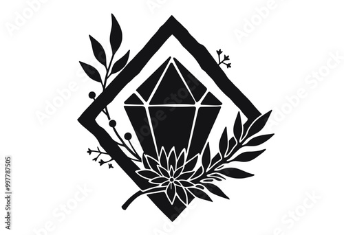 Modern Black Diamond and Floral Silhouette Vector: Ideal for Logos and Icons

