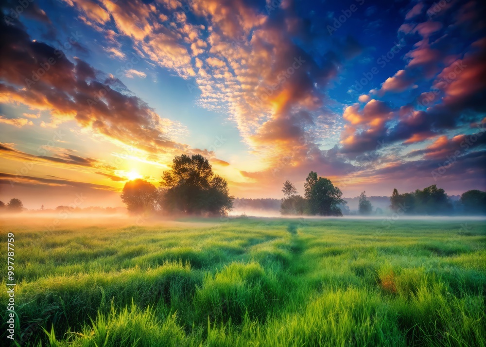 A fog-laden field at dawn reveals soft light illuminating the vibrant green grass, while an overcast sky looms A fog-laden field at dawn reveals soft light illuminating the vibrant green grass, while an overcast sky looms