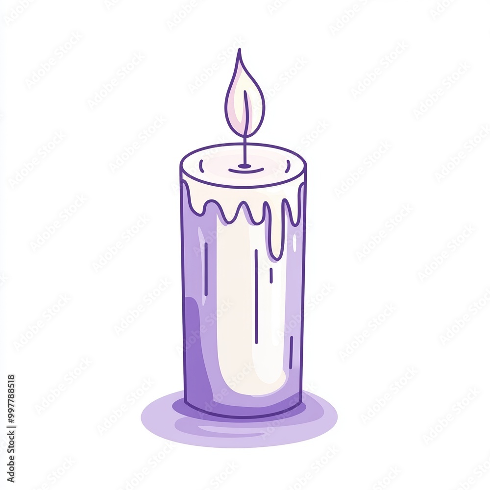 A purple candle is illustrated with a simple line drawing style, showcasing melting wax and a gentle flame, set against a clean white backdrop A purple candle is illustrated with a simple line drawing style, showcasing melting wax and a gentle flame, set against a clean white backdrop