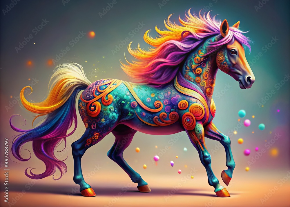 A little horse dances in sunshine, its curly mane bouncing with joy. Sparkling eyes and tiny hooves prance, A little horse dances in sunshine, its curly mane bouncing with joy. Sparkling eyes and tiny hooves prance,
