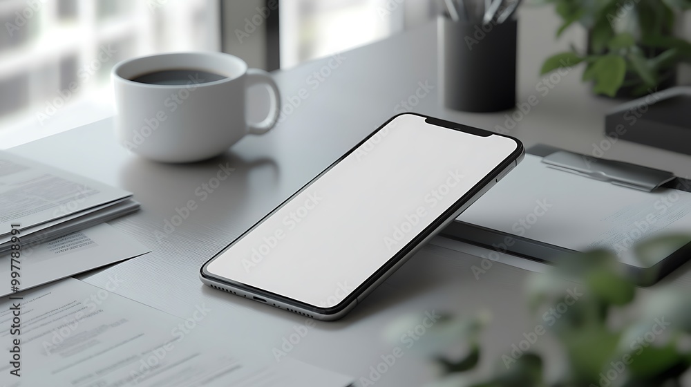 A mockup of a smartphone with a blank screen lying on an organized desk, surrounded by business documents and a coffee cup. The scene highlights a productive work environment. A mockup of a smartphone with a blank screen lying on an organized desk, surrounded by business documents and a coffee cup. The scene highlights a productive work environment.