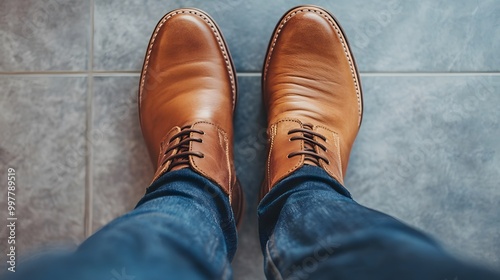 A Close-Up of a Pair of Brown Leather Oxfords Worn with Blue Jeans