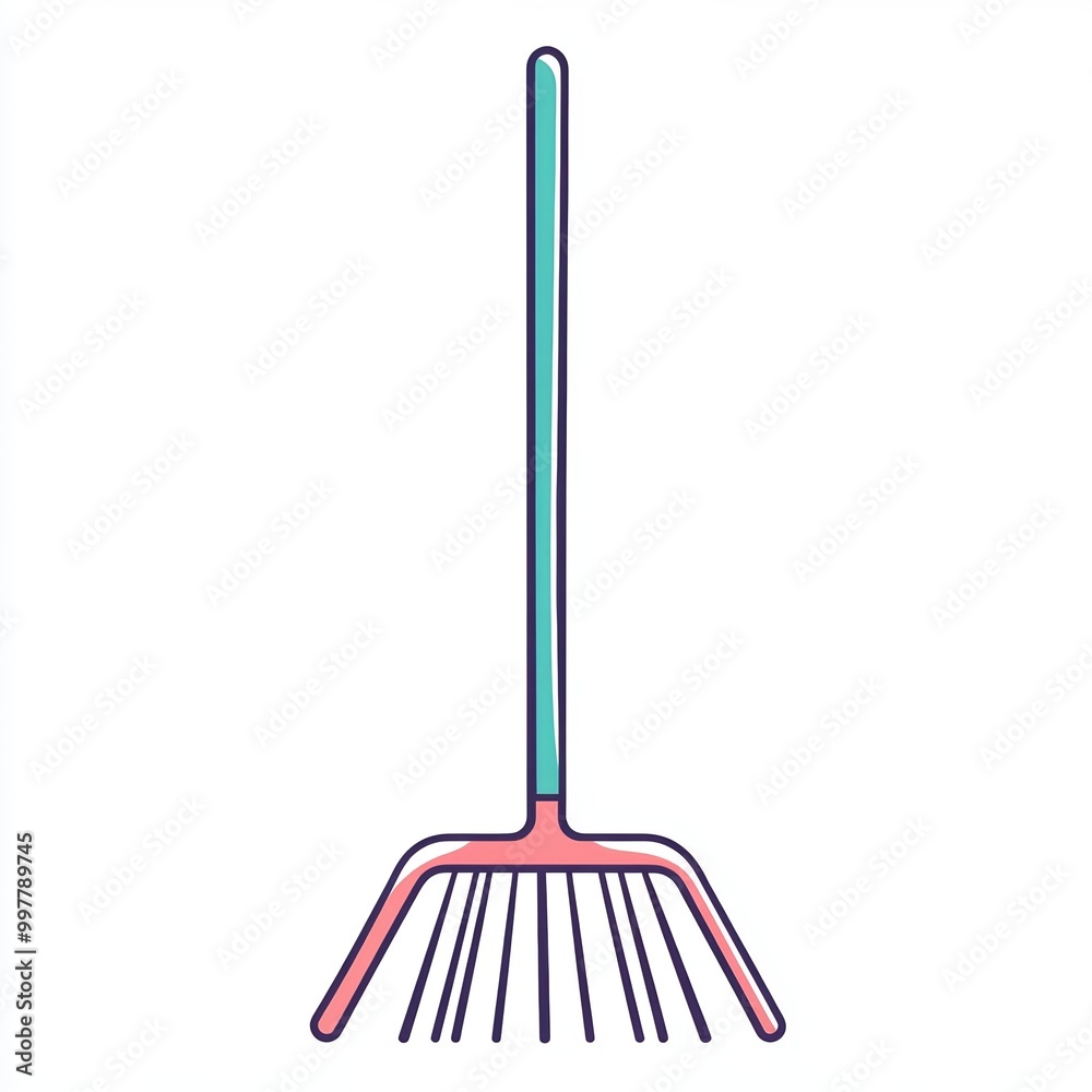 A minimalist representation of a rake, featuring a clean flat design in soft pastel hues against a bright white background, perfect for gardening themes A minimalist representation of a rake, featuring a clean flat design in soft pastel hues against a bright white background, perfect for gardening themes