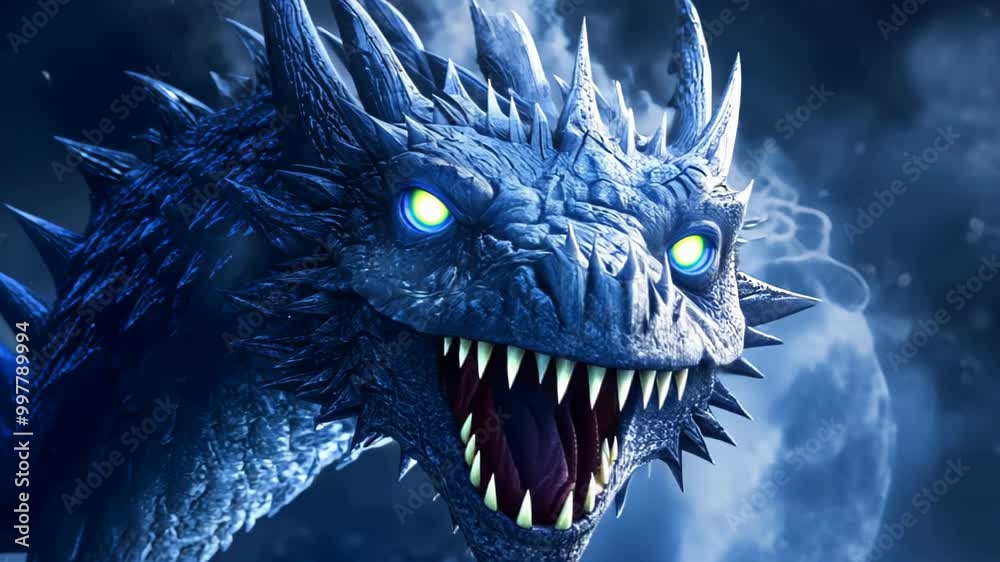 Majestic Blue Dragon Under Night Sky with Full Moon, Breathes Ice in Moonlight Majestic Blue Dragon Under Night Sky with Full Moon, Breathes Ice in Moonlight