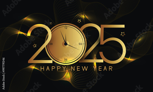 Happy New Year 2025 wishes background with gold wave design and countdown