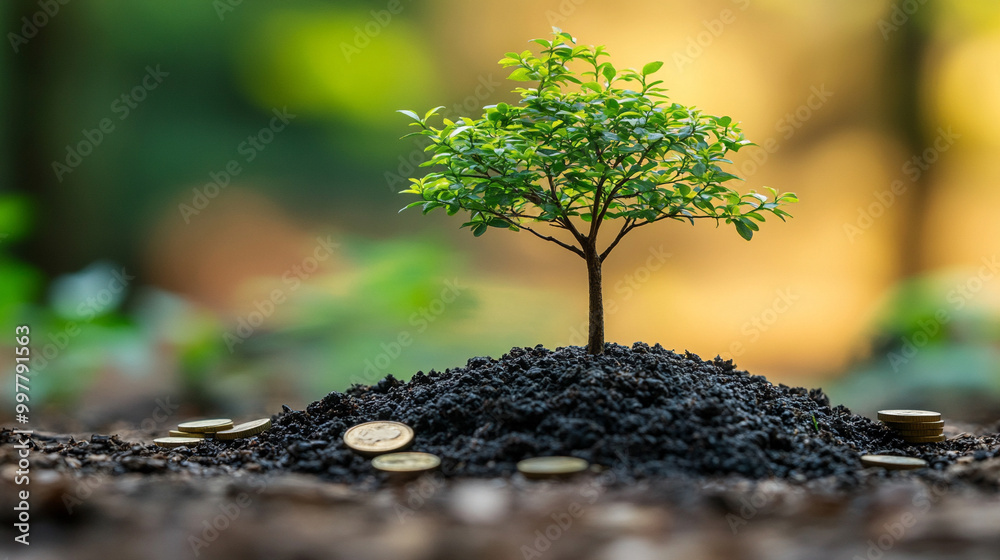 small tree sprouts from a pile of coins, symbolizing sustainability, financial growth, and environmental consciousness. The image highlights the connection between nature and economic prosperity small tree sprouts from a pile of coins, symbolizing sustainability, financial growth, and environmental consciousness. The image highlights the connection between nature and economic prosperity