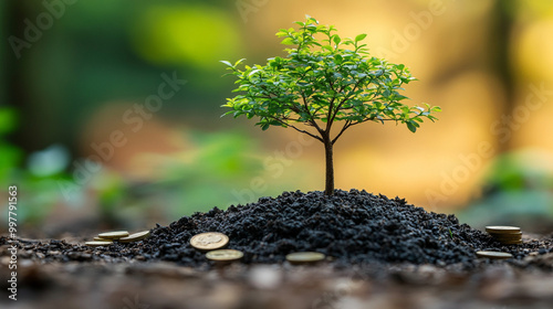 small tree sprouts from a pile of coins, symbolizing sustainability, financial growth, and environmental consciousness. The image highlights the connection between nature and economic prosperity