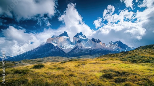 Majestic Mountain Range Under a Sky of Puffy Clouds