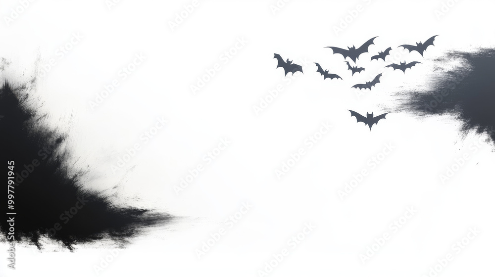 Fototapeta premium Bats flying against a white background with a black brush stroke.