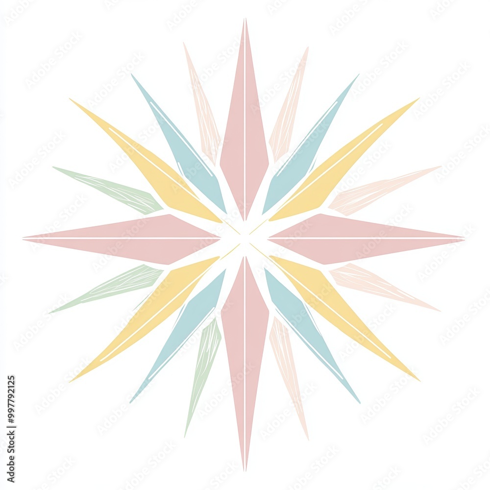 artwork showcases a solstice star created with pastel colors and a flat design style on a clean white backdrop, representing harmony and balance artwork showcases a solstice star created with pastel colors and a flat design style on a clean white backdrop, representing harmony and balance
