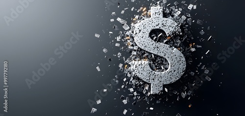 A shattered dollar symbol bursts apart, surrounded by falling currency fragments, creating a dramatic scene. The dark background emphasizes the chaotic energy. Falling Interest Rate Concept