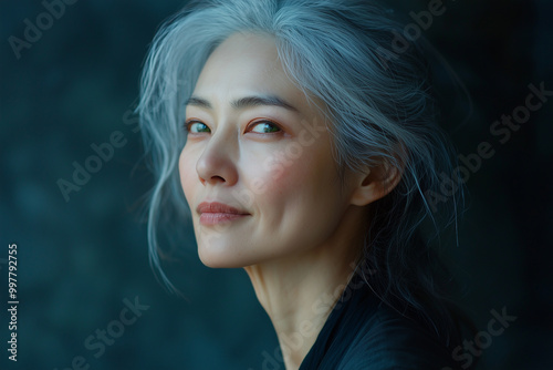 an asianwoman of about forty, a neat, wiry figure with a very pale, almost translucent complexion that revealed the green of her veins, with gray hair 