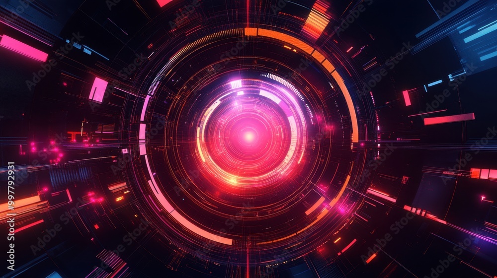 Vibrant circular tunnel with neon lights and futuristic design. Technology and innovation concept. Vibrant circular tunnel with neon lights and futuristic design. Technology and innovation concept.