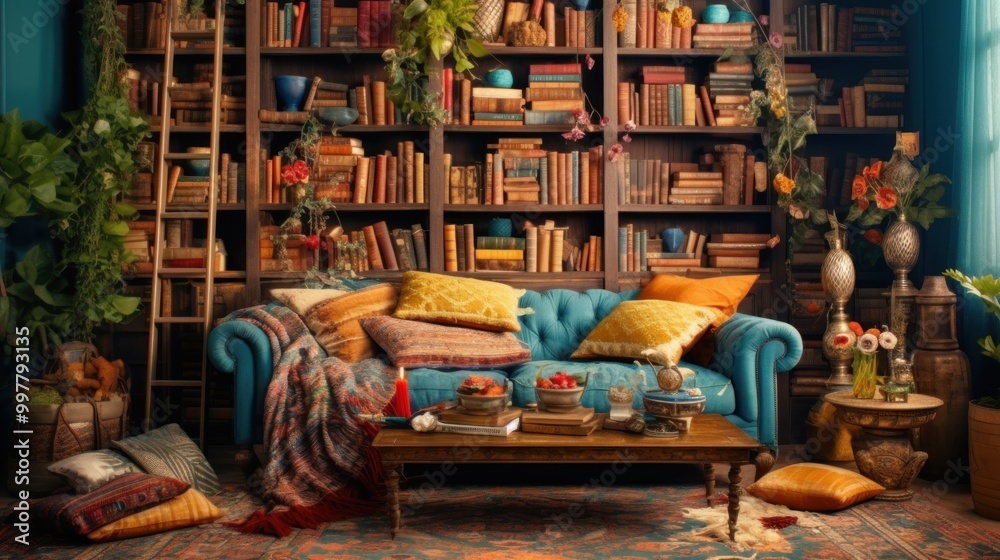 Naklejka premium Cozy Living Room with Bookshelf and Vintage Decor