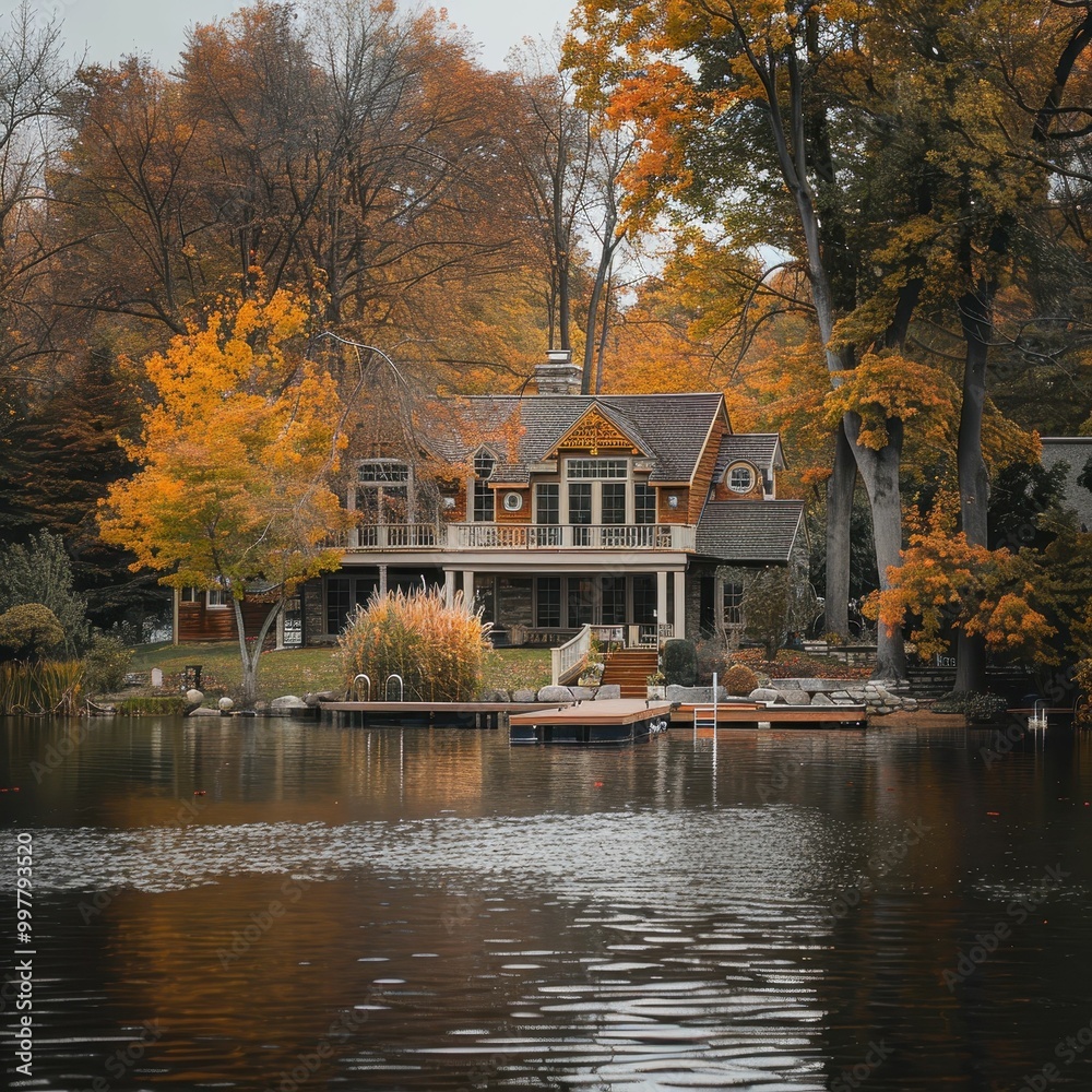 Fototapeta premium Tranquil Lakeside Home in Autumn Colors