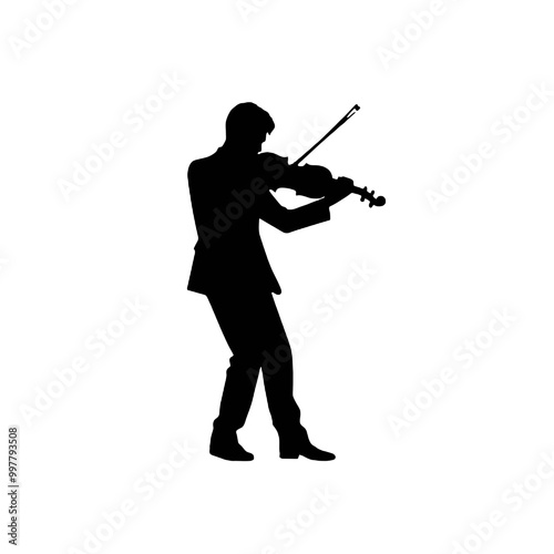 Silhouette of Violinist with Bow and Violin – Vector Illustration Isolated on White