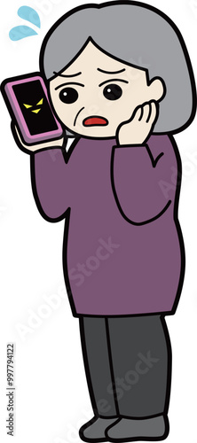 スマホで通話する困り顔の高齢の女性