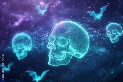 Spectral Skulls: A haunting and ethereal scene of glowing blue skulls floating amidst a cosmic backdrop of twinkling stars and ghostly bats. The image evokes a sense of mystery and otherworldliness. 