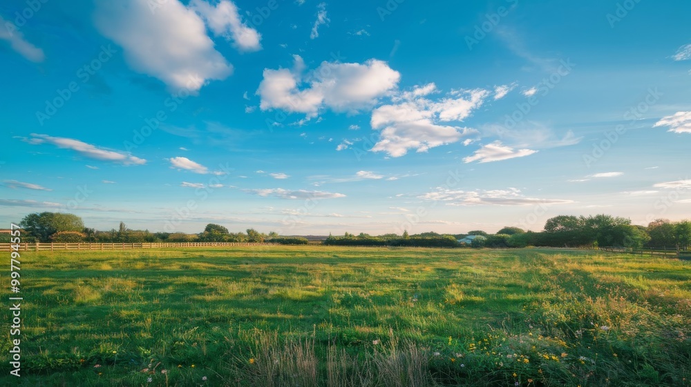 Lush green field under a vibrant blue sky, dotted with a few fluffy white clouds Lush green field under a vibrant blue sky, dotted with a few fluffy white clouds