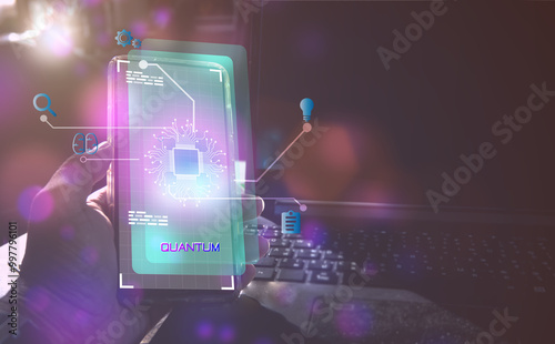 Quantum Technology Concept, Man Using Quantum Technology Chip to