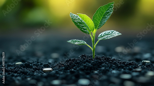 small tree sprouts from a pile of coins, symbolizing sustainability, financial growth, and environmental consciousness. The image highlights the connection between nature and economic prosperity