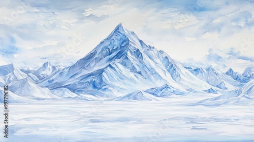 A serene mountain landscape painted in soft blues and whites, capturing the beauty of winter tranquility and icy majesty.