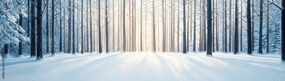 Naklejka premium A serene winter forest scene, with snow-covered trees and soft light filtering through the branches, creating a tranquil atmosphere.