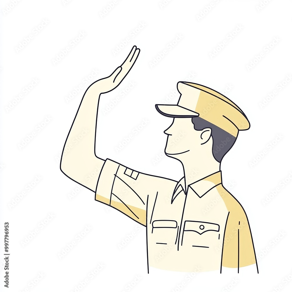 A simplified line drawing depicts a veteran in uniform giving a salute, showcasing a gesture of respect and honor with a pastel color palette on a white background A simplified line drawing depicts a veteran in uniform giving a salute, showcasing a gesture of respect and honor with a pastel color palette on a white background