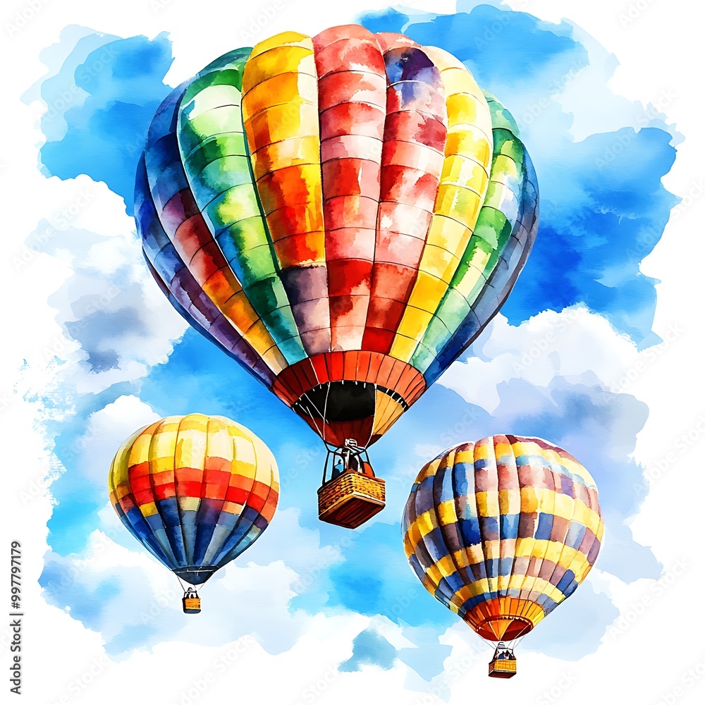 Naklejka premium Watercolor Painting of Colorful Hot Air Balloons Floating in the Sky.
